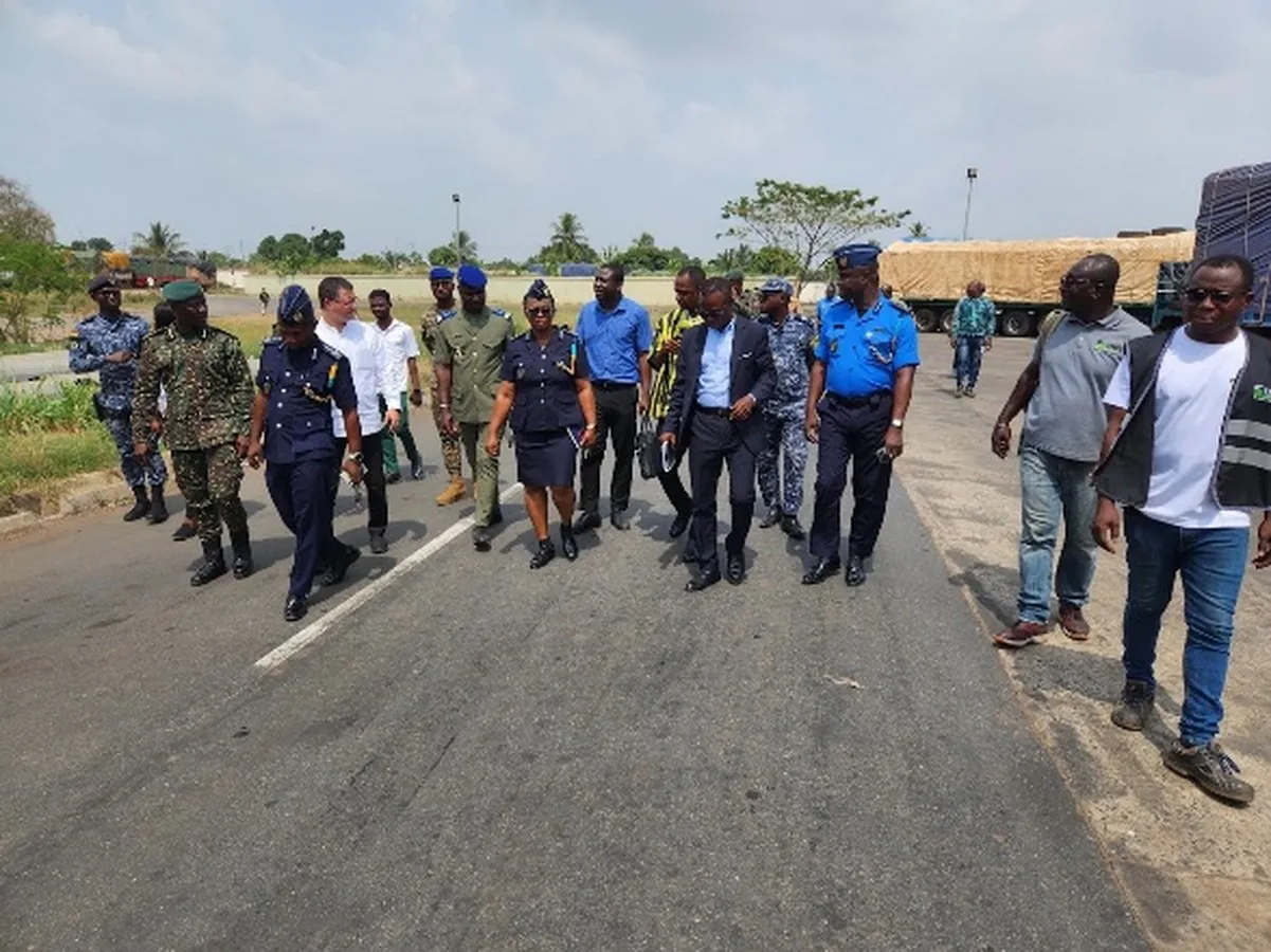 Trucks queuing at a West African border post